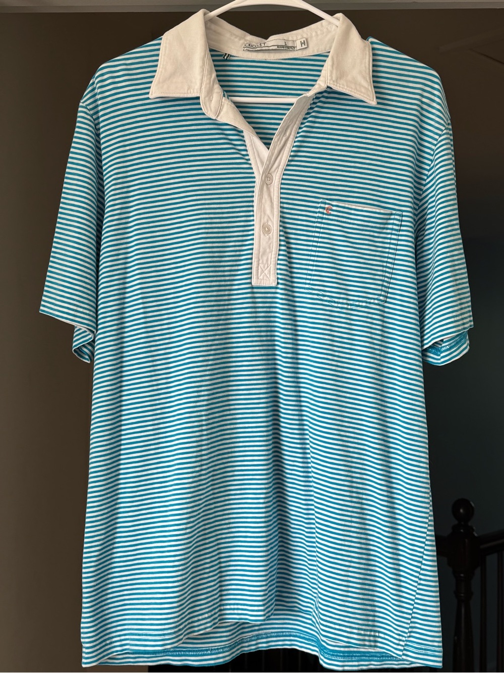 Criquet Men's Teal and White Striped Polo